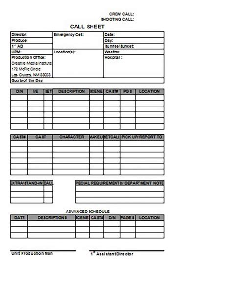 Call Sheet Template Excel