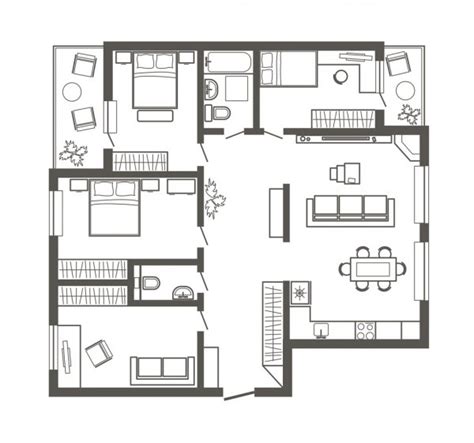 Linear Architectural Sketch Plan Standart Two Bedroom Apartment — Stock