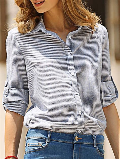 Trendy Turn Down Collar Long Sleeve Stripe Button Design Women Shirt