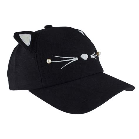 Trendy Black Cat Kitten Pearl Cat Ear Hat Baseball Cap Dad