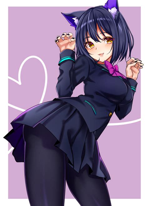 an anime character with black hair and blue eyes wearing a cat ears outfit posing for the camera