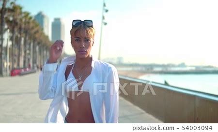 Beautiful Sexy Shemale Woman Posing At The Beach Stock Footage