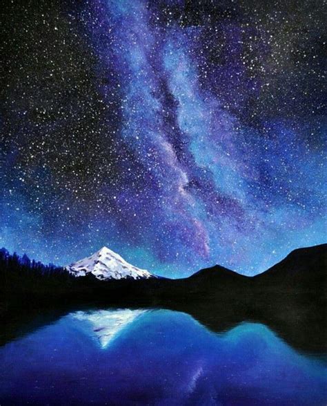 Acrylic Painting Starry Night With Silhouette Mountains And Snowy