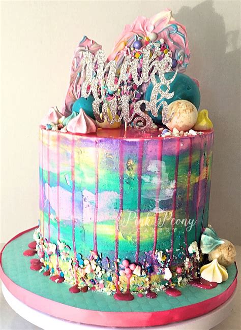 Watercolor Buttercream Drip Cake With Chocolate Shards And Spheres