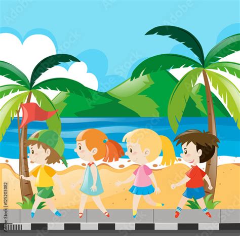 Boys And Girls Walking Along The Beach Stock Image And Royalty Free