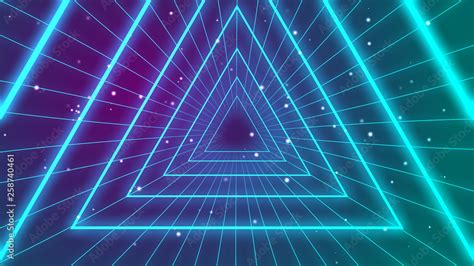 Retro 1980s Synthwave Glowing Neon Lights Triangle Tunnel Stock