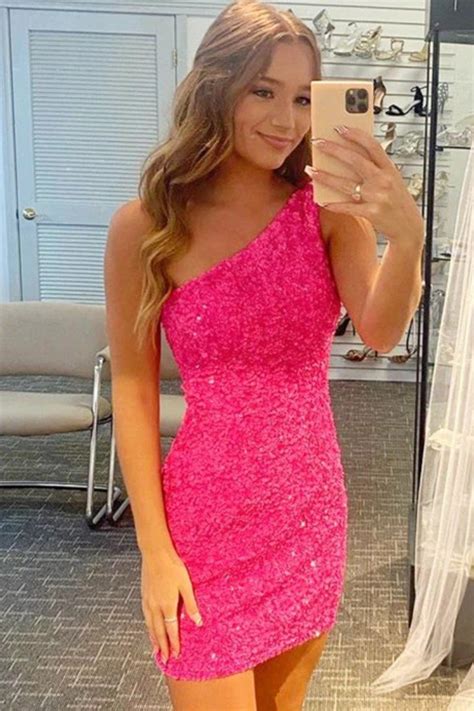 Buy Cheap Glitter One Shoulder Hot Pink Homecoming Dress With Sequins Online In 2022 Hot Pink