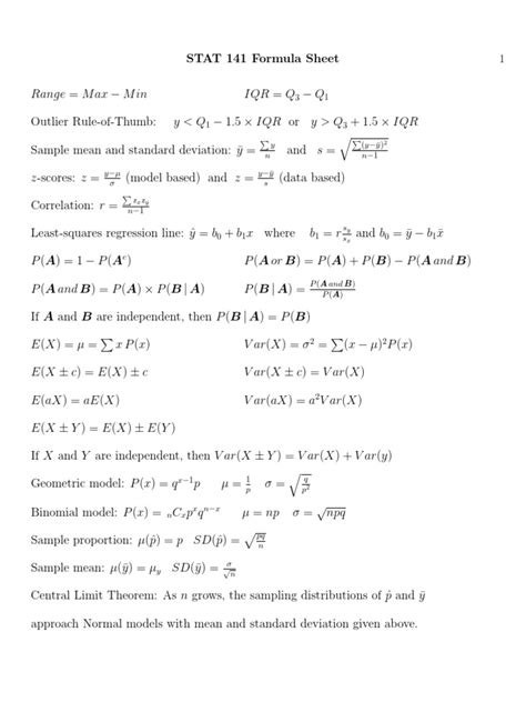 Statistics Formula Sheet Pdf Standard Deviation Mathematical And