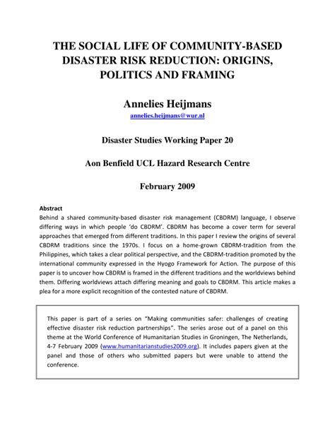 Pdf The Social Life Of Community Based Disaster Risk Reduction