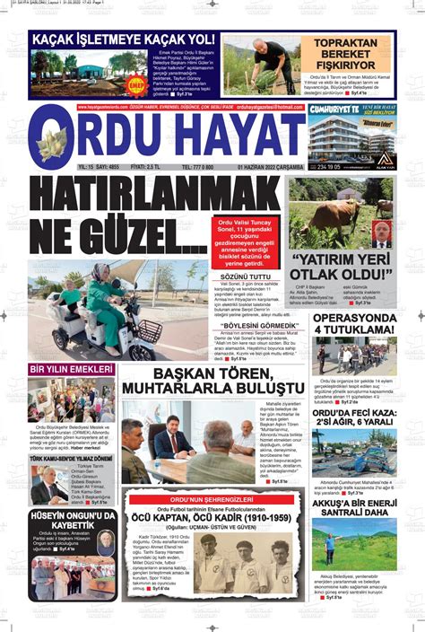 01 Haziran 2022 tarihli Ordu Hayat Gazete Manşetleri