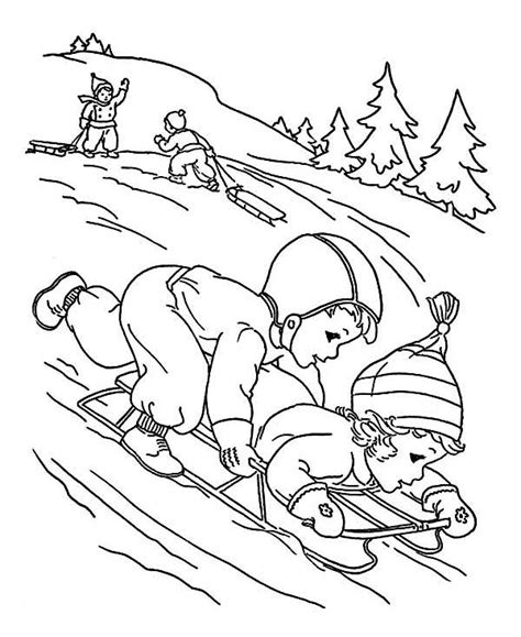 Two Kids Playing Winter Sled Together Coloring Page Download And Print