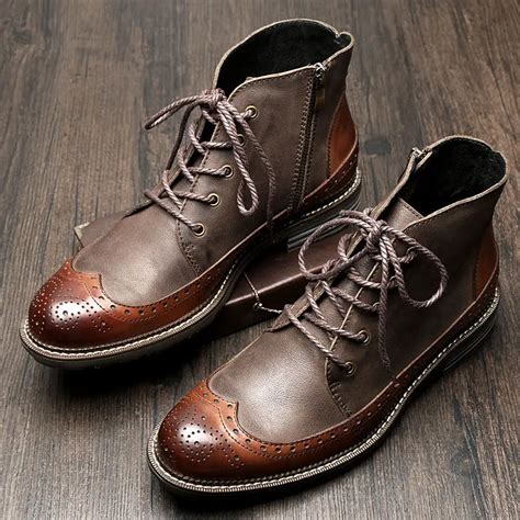 British Style Mens Genuine Leather Lace Up Brogue Wingtip Martin Boots