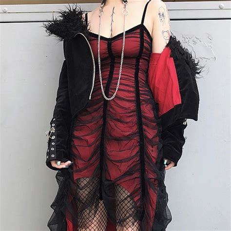 Rosetic Gothic Mesh Pleated Sexy Strap Dress Women Dark Girl Summer Red Black Irregular
