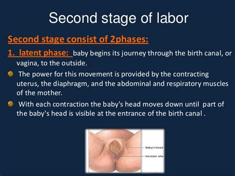 The membranes if present usually rupture during this stage or they are manually ruptured. pain management during labor & second stage of labor