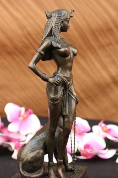Egypt Nude Naked Queen Cleopatra Big Cat Bronze Copper Art Sculpture