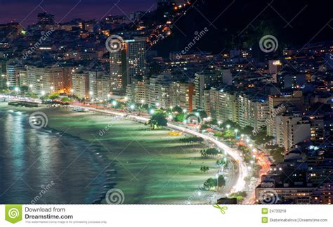Night View Of Copacabana Beach In Rio De Janeiro Stock Photo Image Of