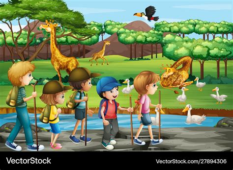Scene With Animals And Kids At Open Zoo Royalty Free Vector
