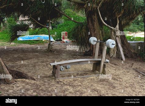 Amateur Open Air Gym At The Beach Under Palms With Press Bench And Dumb Bells Cambodia Koh