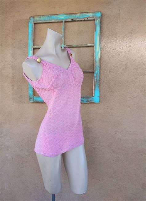 Vintage 1960s Pink One Piece Swimsuit Bathing Suit Sz S Etsy