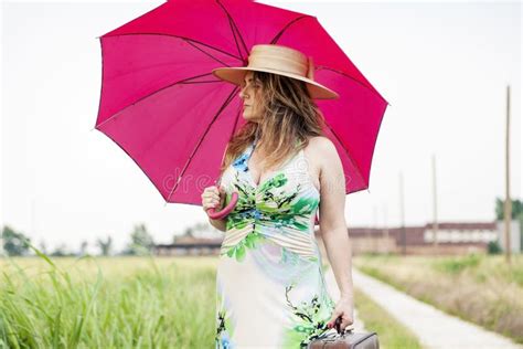 Beautiful Lady Walking On A Path In The Rain Stock Image Image Of