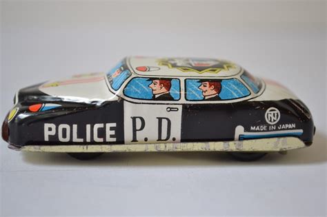 Vintage 1950s Tin Litho Police Car Friction Tn Toy Made In Japan Black