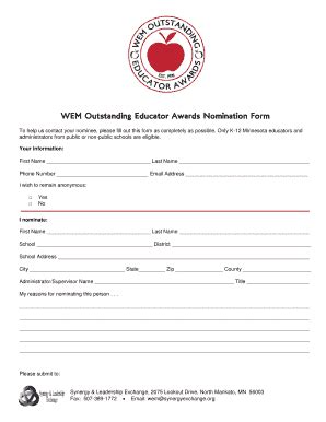 Fillable Online WEM Outstanding Educator Awards Nomination Form Fax