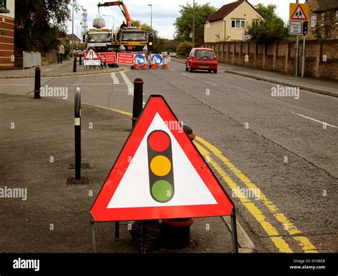 Traffic Light Sign For Roadworks Ahead In Bradley Stoke Bristol