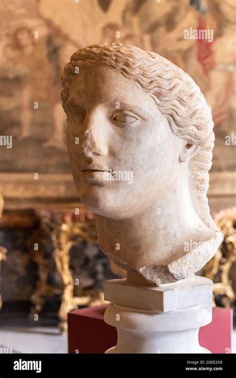 Close Up On Head In Ruins Of Ancient Roman Statue Of Woman With Long