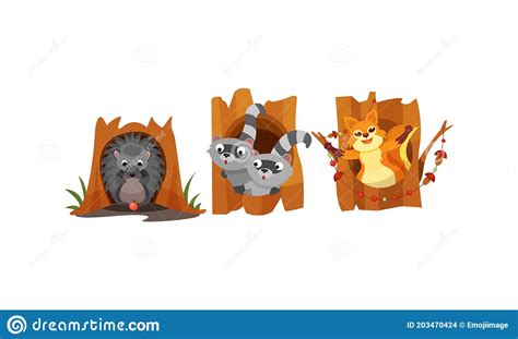 Cute Forest Animals Peepped Out From Their Burrows Vector Set
