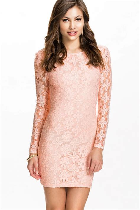 2015 hot new style light pink o neck long sleeve backless sexy hollow out lace club dresss
