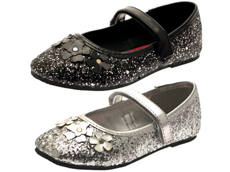 Girls Glitter Flower Party Shoes Mary Janes Flat Ballet Pumps Kids Size