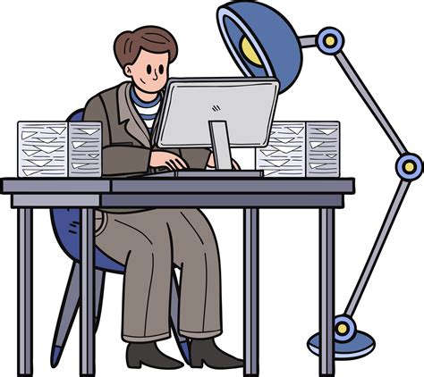 business man sitting and working at computer illustration in doodle