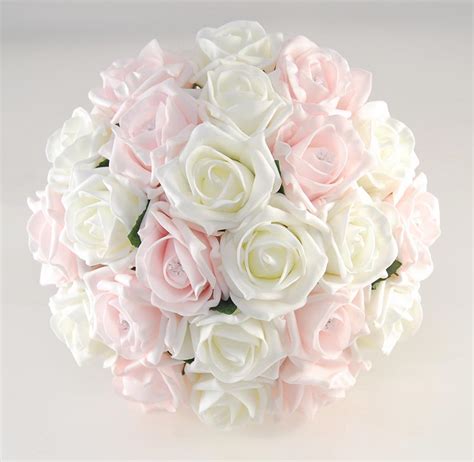 Brides Light Pink And Ivory Artificial Foam Rose Wedding Bouquet With Di