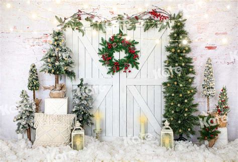 Kate Christmas Tree Backdrop White Barn Door Snow For Photography
