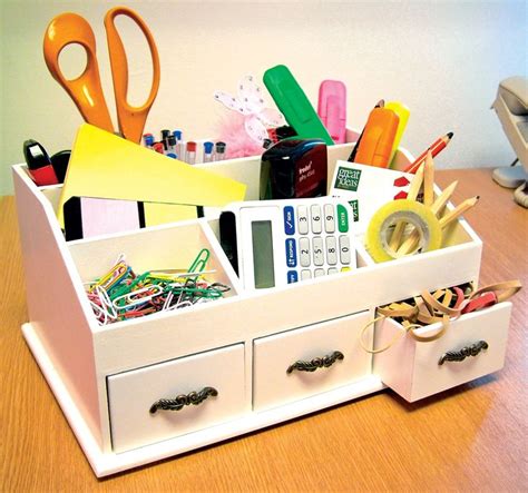Wooden Desk Tidy Caddy With Three Drawers And 7 Organiser Compartments