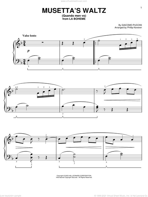 Puccini Musettas Waltz Quando Men Vo Sheet Music For Piano Solo