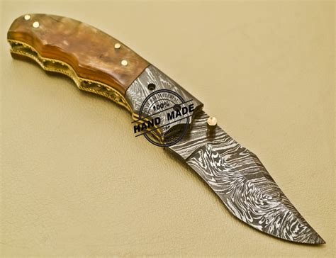 Damascus Folding Knife Custom Handmade Damascus Steel Knife