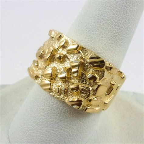 Solid 14k Yellow Gold Mens Nugget Ring Diamond Cut Heavy Wide Face