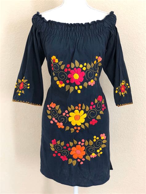 Off The Shoulder Mexican Dressmexican Embroidered Dress Etsy