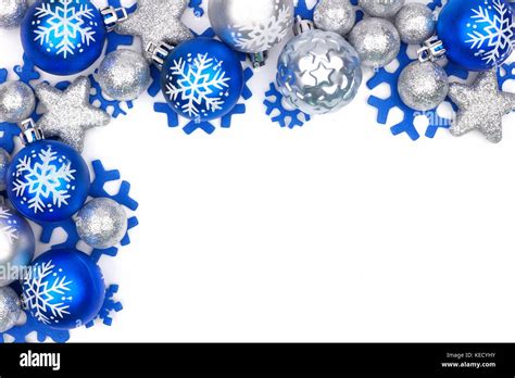 Christmas Corner Border Of Blue And Silver Ornaments Isolated On A