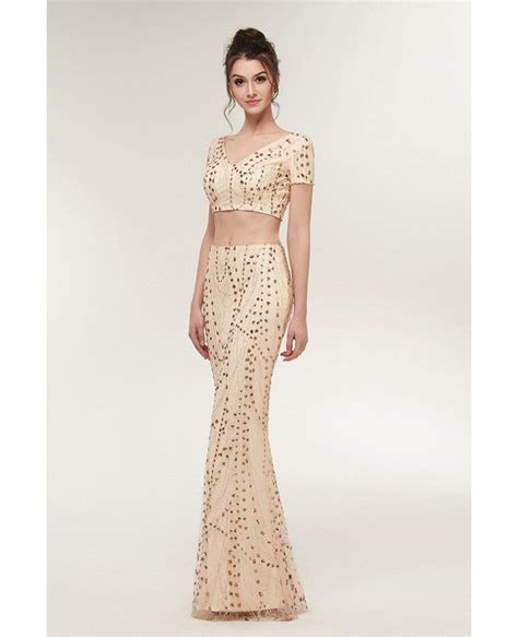 Sexy Two Piece Gold Tight Prom Dress With Sparkle Beading S641