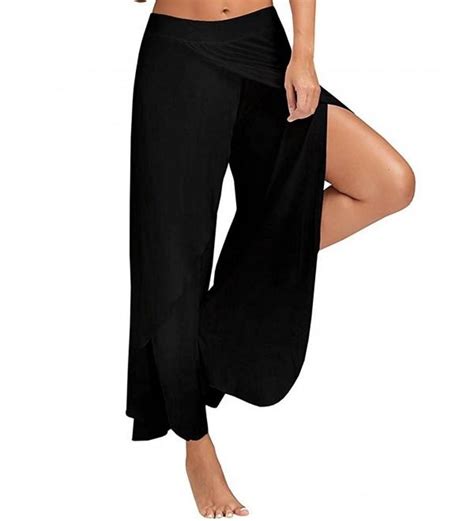women s pants cropped palazzo wide leg high split layered solid flowy casual trousers black