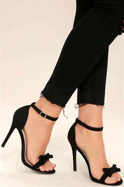 Cute Black Heels Ankle Strap Heels Vegan Suede Dress Sandals Bow Heels 2900