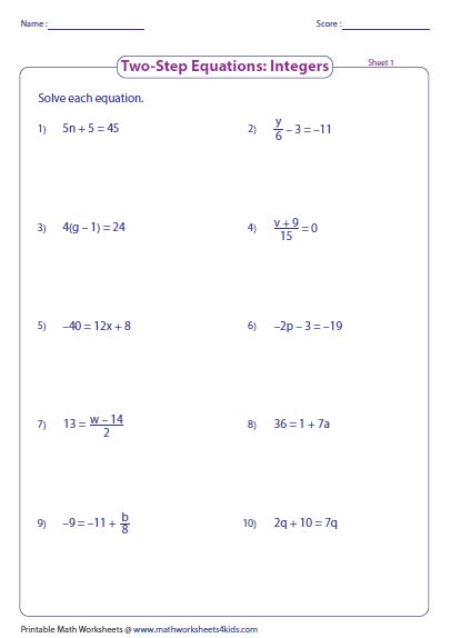 Solving Two Step Equations With Positive Numbers Worksheet