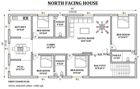 60x30 North Facing House Plan Is Given In This Autocad Drawing File