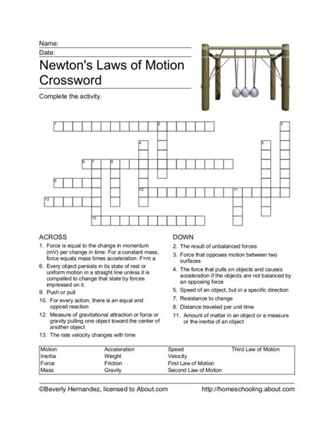 Newtons Laws Of Motion Crossword Worksheet For 4th 6th