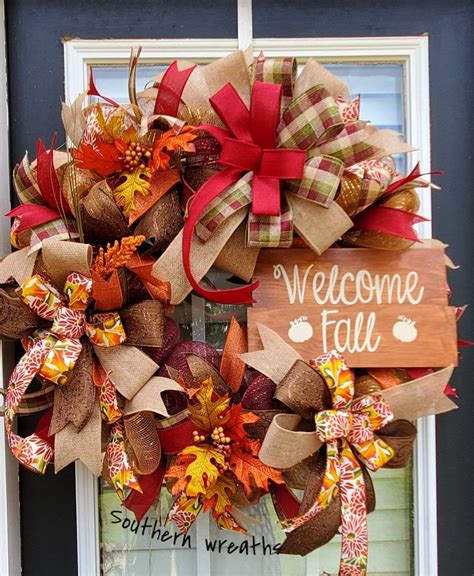 welcome fall pumpkin door wreath autumn harvest thanksgiving decoration fall leaves and