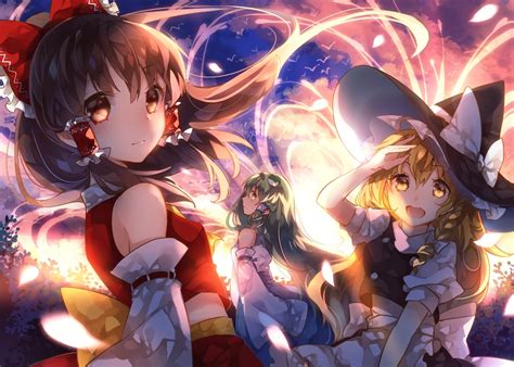 Miko Women Trio Looking At Viewer Touhou Hakurei Reimu Kirisame Marisa Kochiya Sanae Red