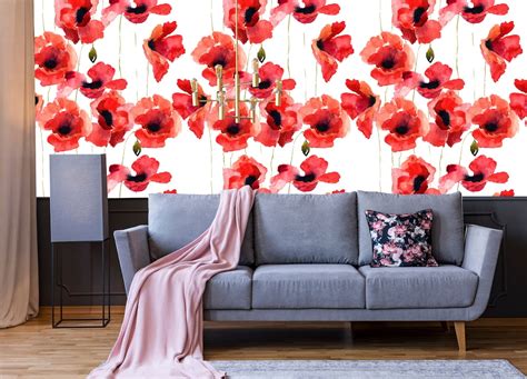 Red Poppies Peel And Stick Wallpaper Wall Paper Removable Etsy