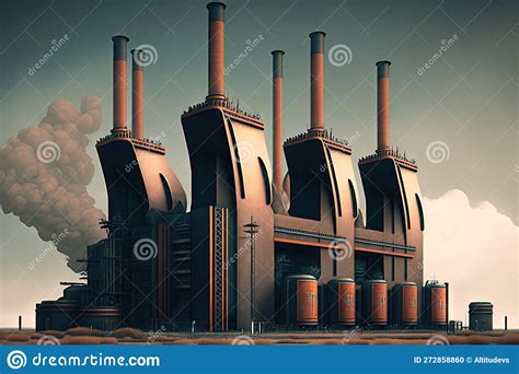 Centrale Elettrica Con Alti Impianti Di Fumo E Turbine Industriali Moderne Illustrazione Di